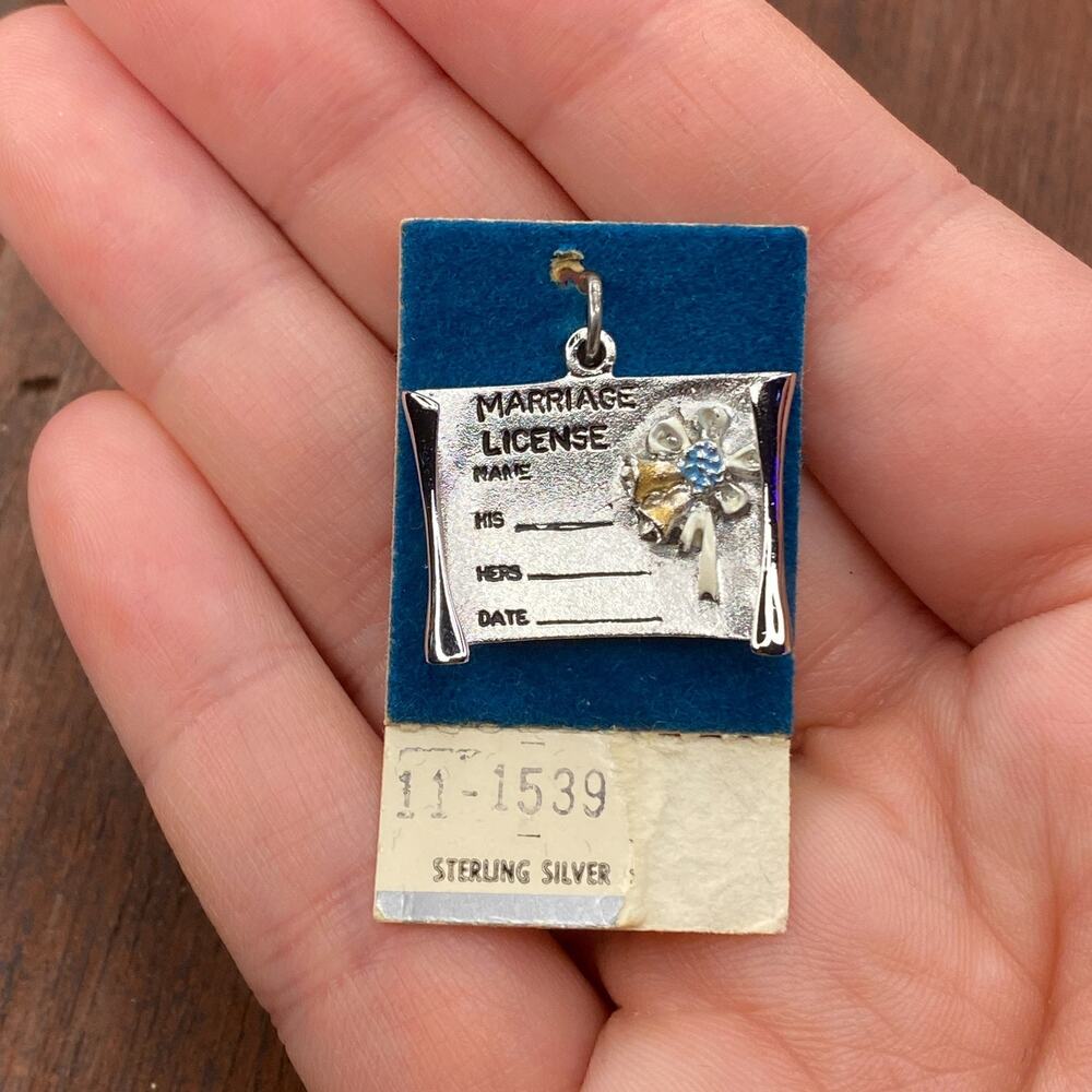 Vintage Griffith Sterling Silver "Marriage License" Blue Flower Pendant Charm